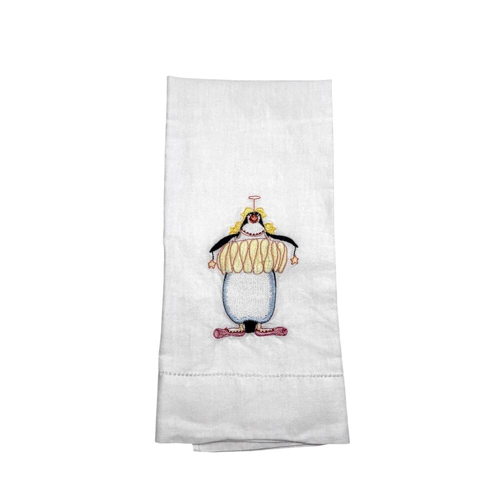 Vintage 90s Peking Handicraft Penguin Embroidered Guest Towel White Cotton Poly